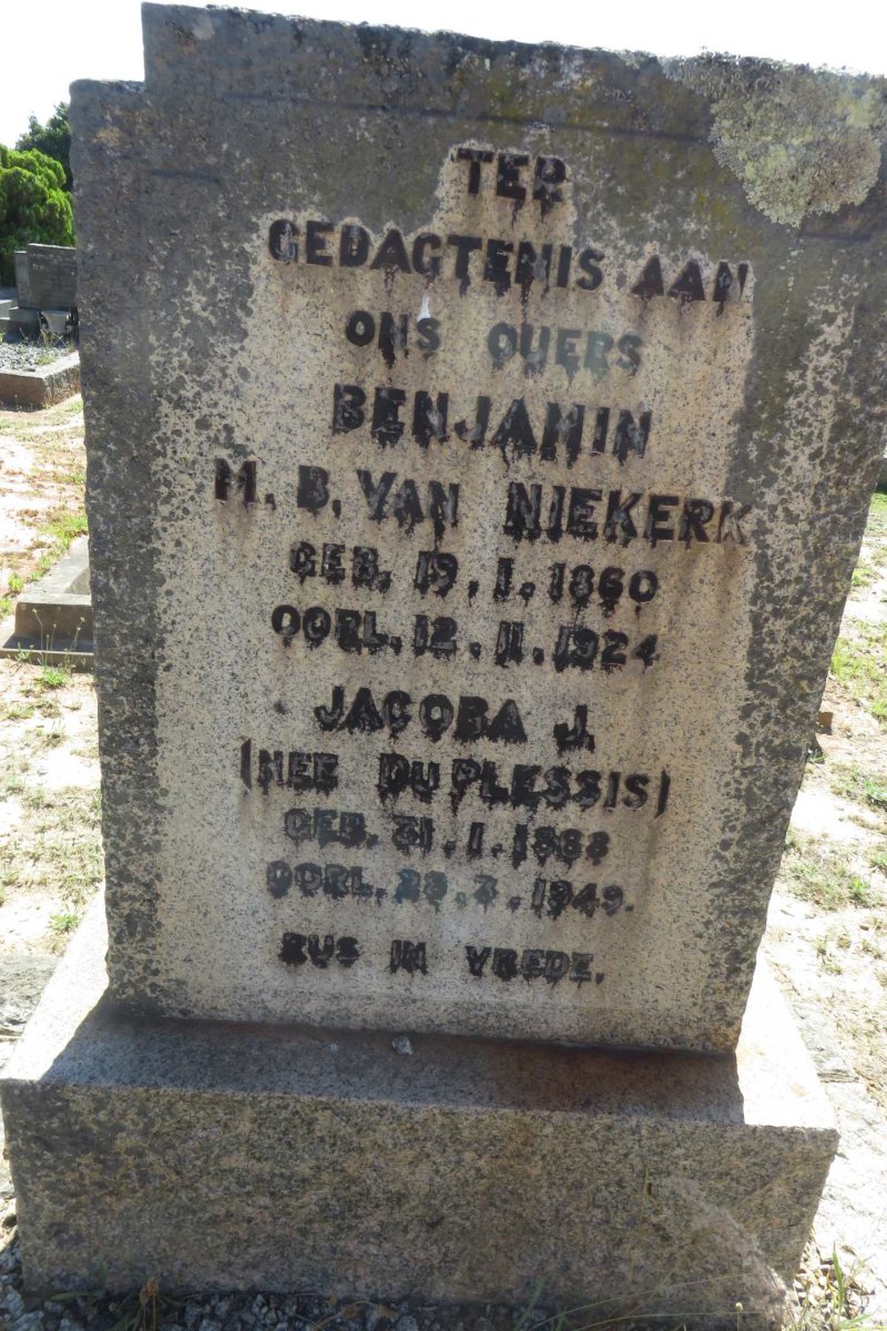 NIEKERK Benjamin M.B., van 1860-1924 &amp; Jacoba J. DU PLESSIS 1868-1949
