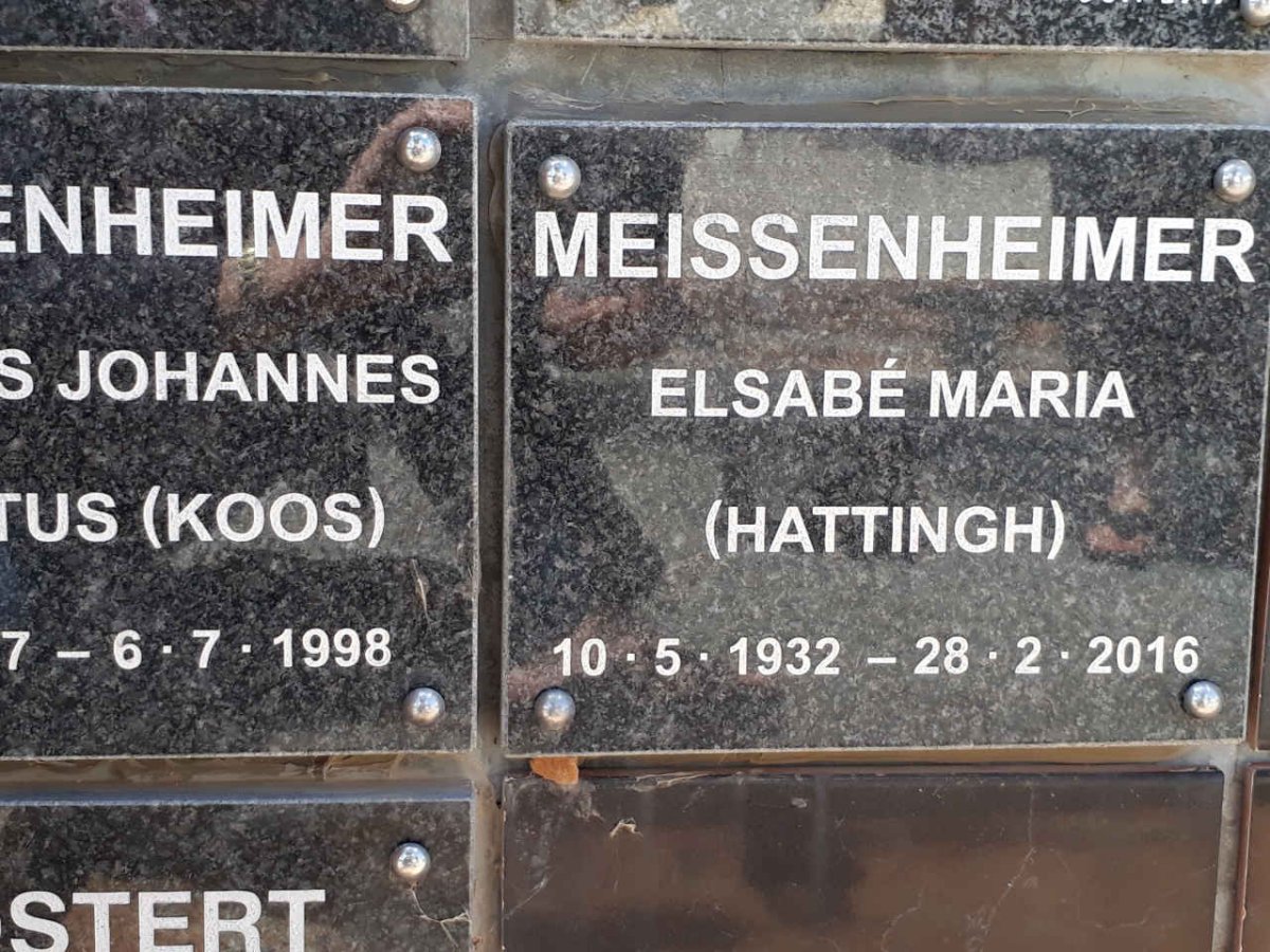 MEISSENHEIMER Jacobus Johannes Albertus 1927-1998 &amp; Elsabe Maria HATTINGH 1932-2016