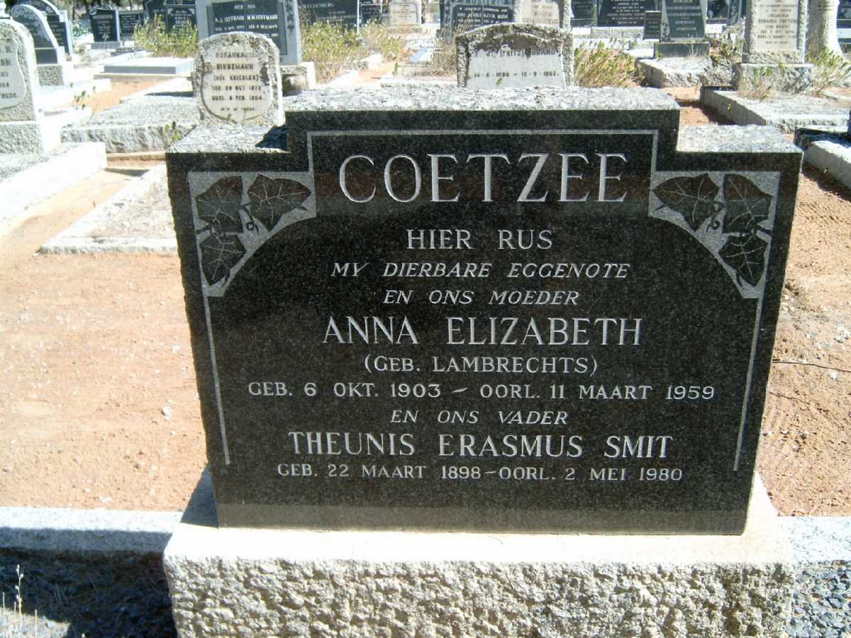 COETZEE Theunis Erasmus Smit 1898-1980 &amp; Anna Elizabeth LAMBRECHTS 1903-1959