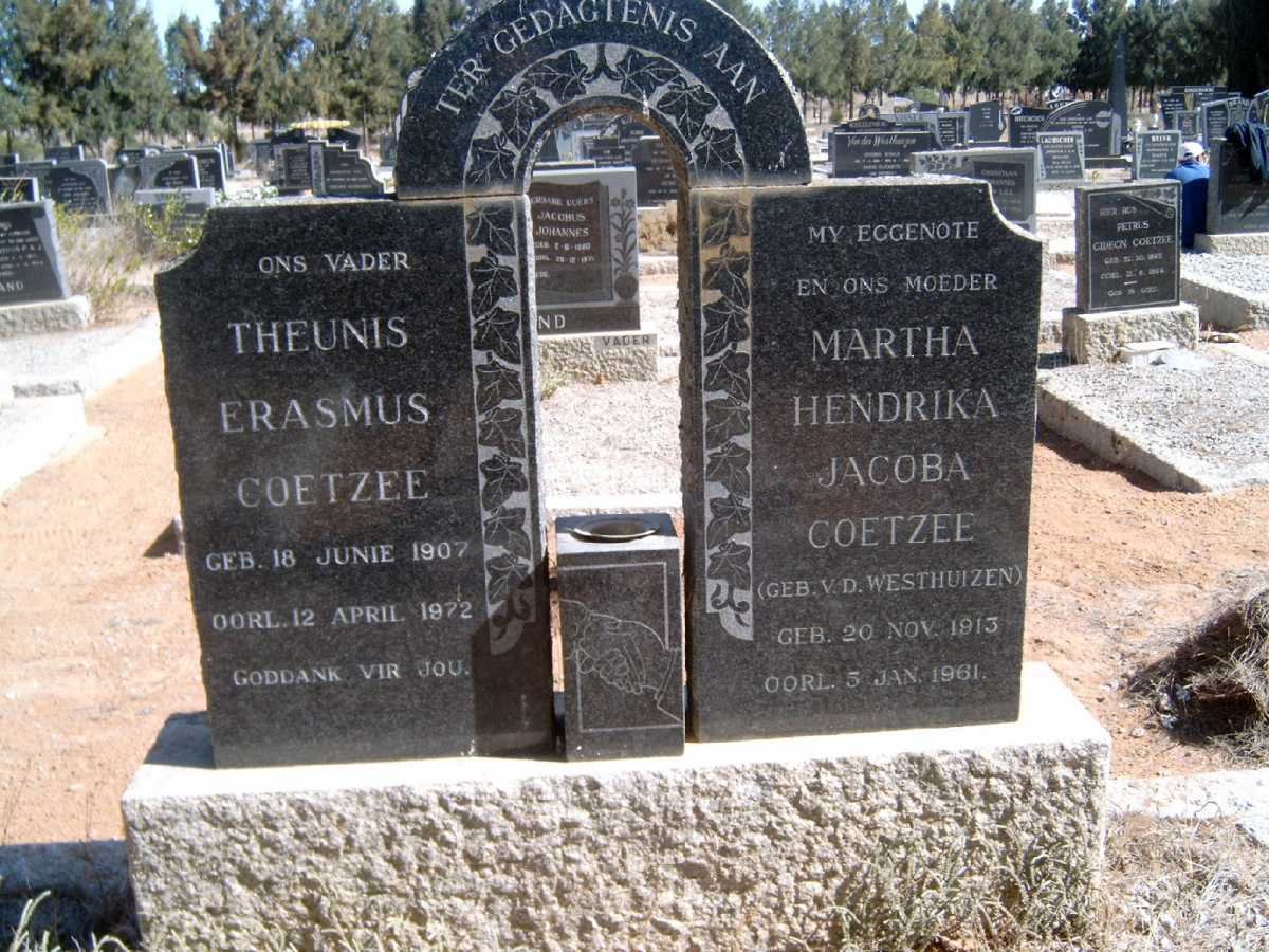 COETZEE Theunis Erasmus 1907-1972 &amp; Martha Hendrika Jacoba V.D. WESTHUIZEN 1913-1961