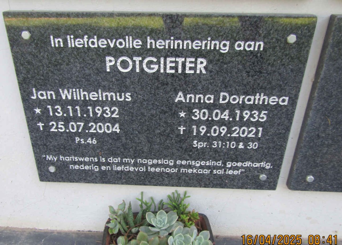 POTGIETER Jan Wilhelmus 1932-2004 & Anna Dorathea 1935-2021