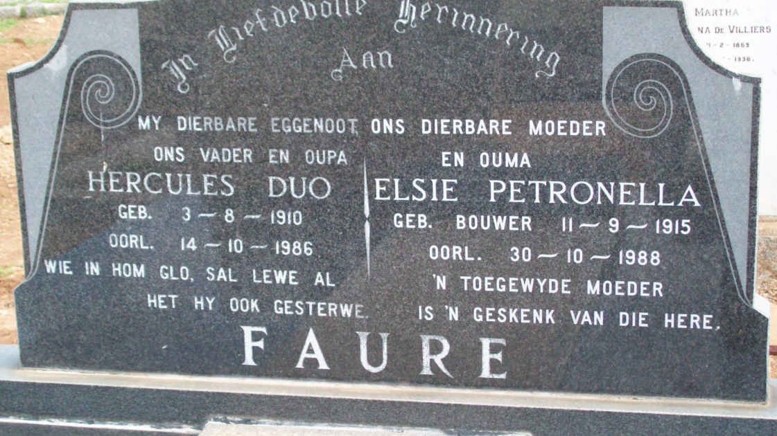 FAURE Hercules Duo 1910-1986 &amp; Elsie Petronella BOUWER 1915-1988