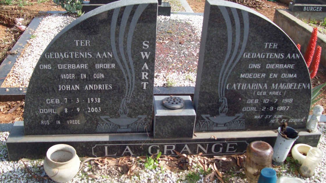 GRANGE Catharina Magdelena, la nee KRIEL 1918-1987 :: SWART Johan Andries 1938-2003