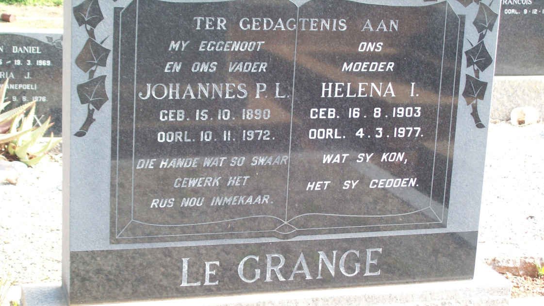 GRANGE Johannes P.l., le 1890-1972 &amp; Helena I. 1903-1977