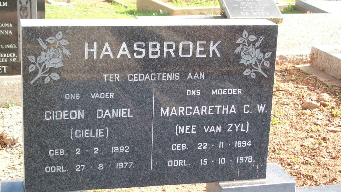 HAASBROEK Gideon Daniel 1892-1977 &amp; Margaretha C.W. VAN ZYL 1894-1978