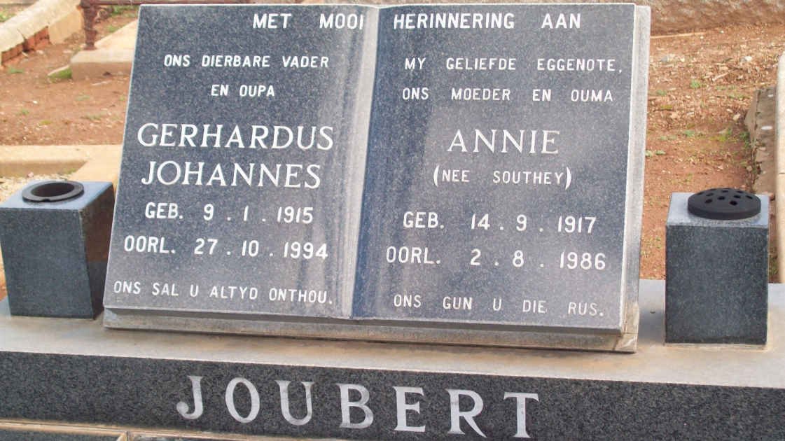 JOUBERT Gerhardus Johannes 1915-1994 &amp; Annie SOUTHEY 1917-1986