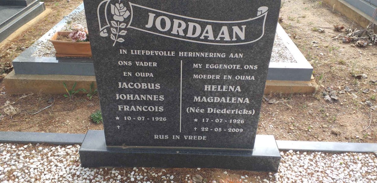 JORDAAN Jacobus Johannes Francois 1926- &amp; Helena Magdalena DIEDERICKS 1926-2009