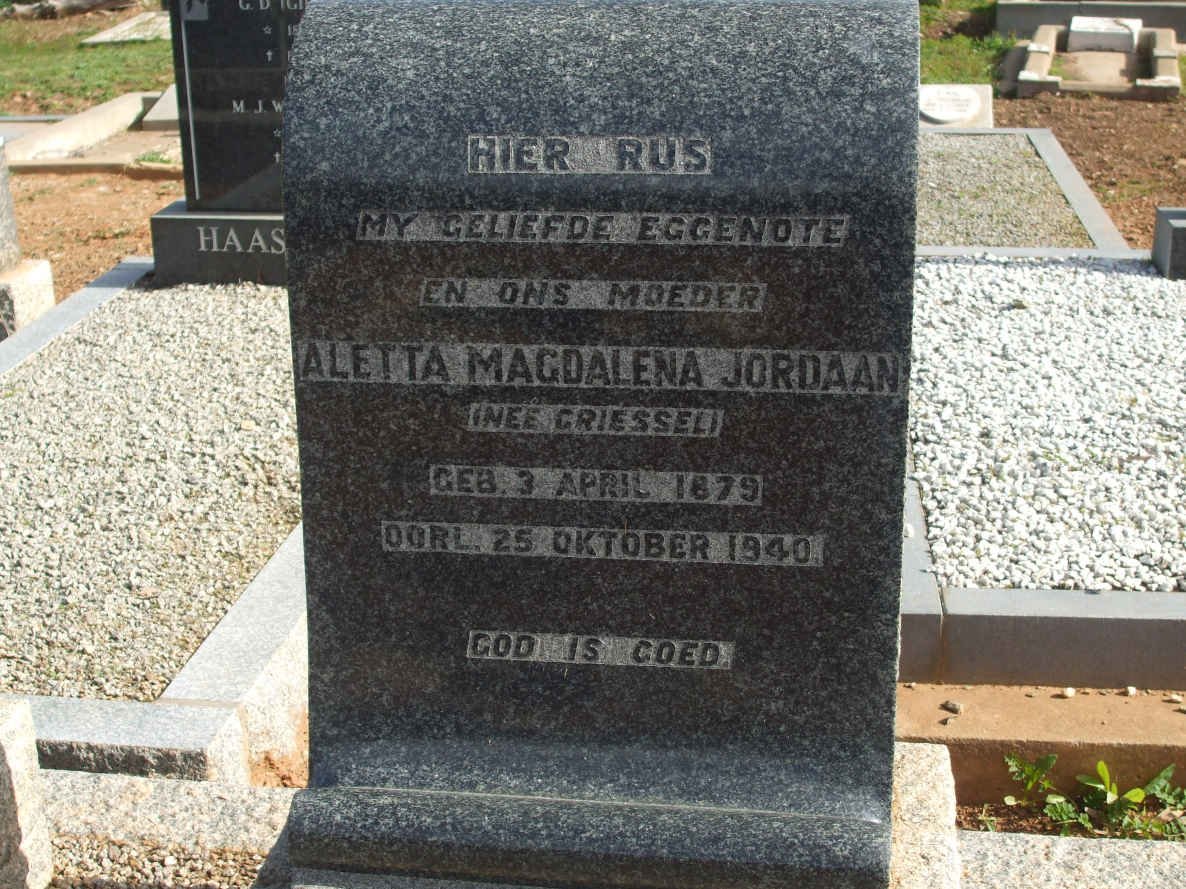 JORDAAN Aletta Magdalena nee GRIESSEL 1879-1940