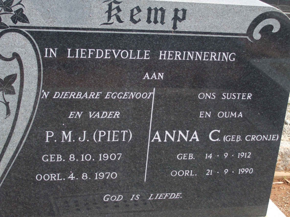 KEMP P.M.J. 1907-1970 &amp; Anna C. CRONJE 1912-1990