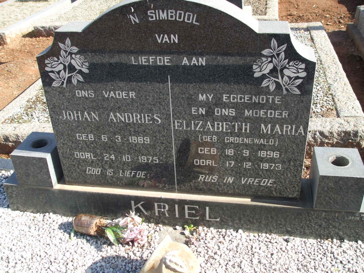 KRIEL Johan Andries 1889-1975 &amp; Elizabeth Maria GROENEWALD 1896-1973