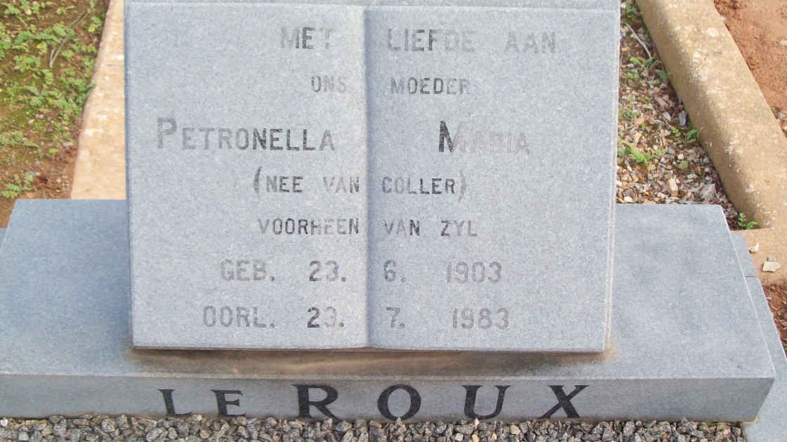 ROUX Petronella Maria, le, formerly VAN ZYL, nee COLLER 1903-1983