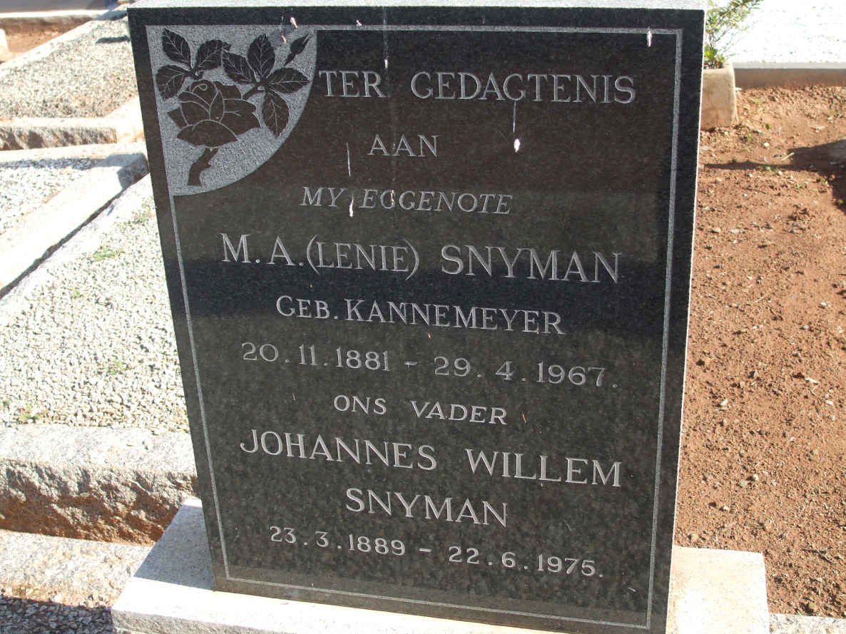 SNYMAN Johannes Willem 1889-1975 &amp; M.A. KANNEMEYER 1881-1967