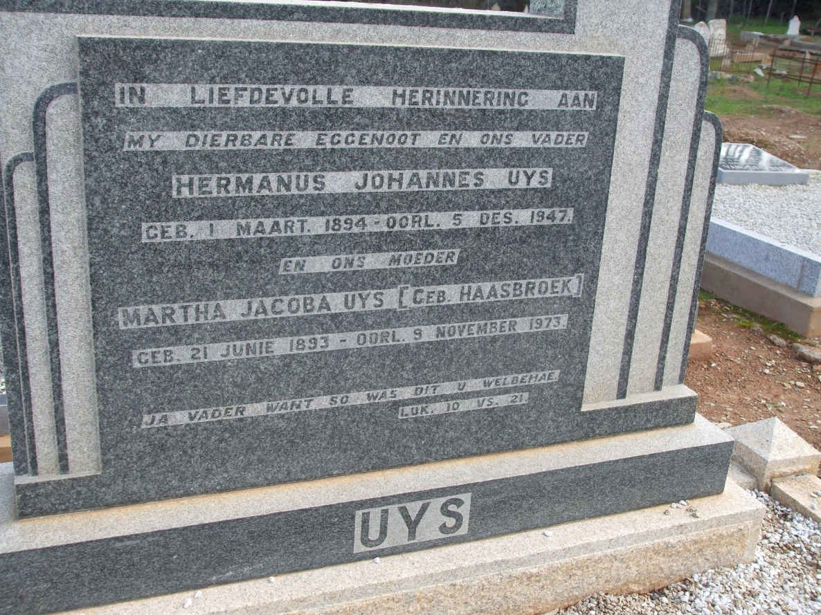 UYS Hermanus Johannes 1894-1947 &amp; Martha Jacoba HAASBROEK 1893-1973