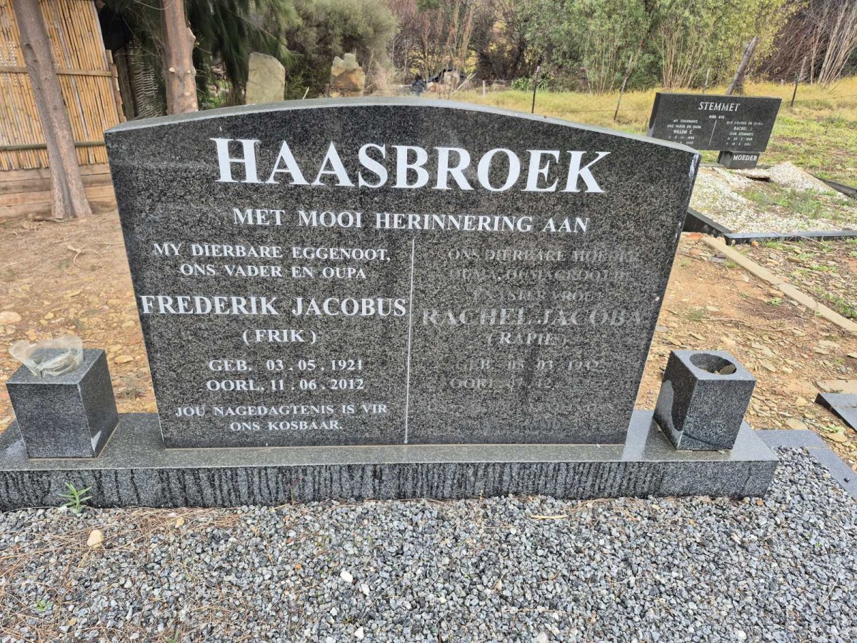 HAASBROEK Frederik Jacobus 1921-2012 & Rachel Jacoba 1932-2022