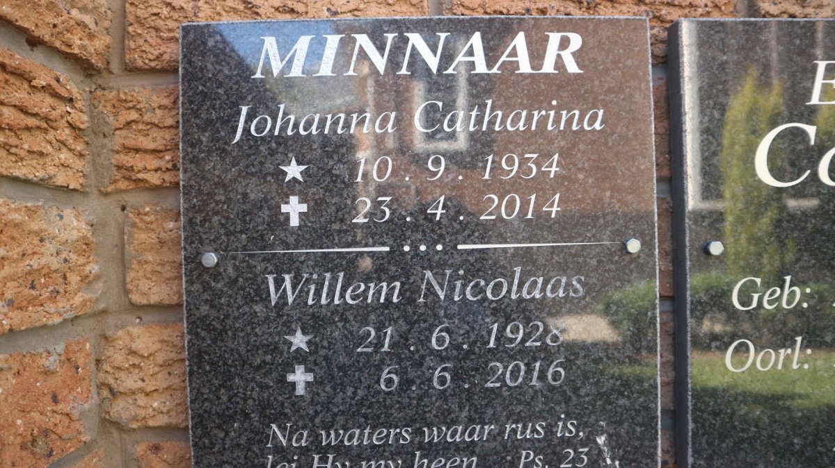 MINNAAR Willem Nicolaas 1928-2016 &amp; Johanna Catharina 1934-2014