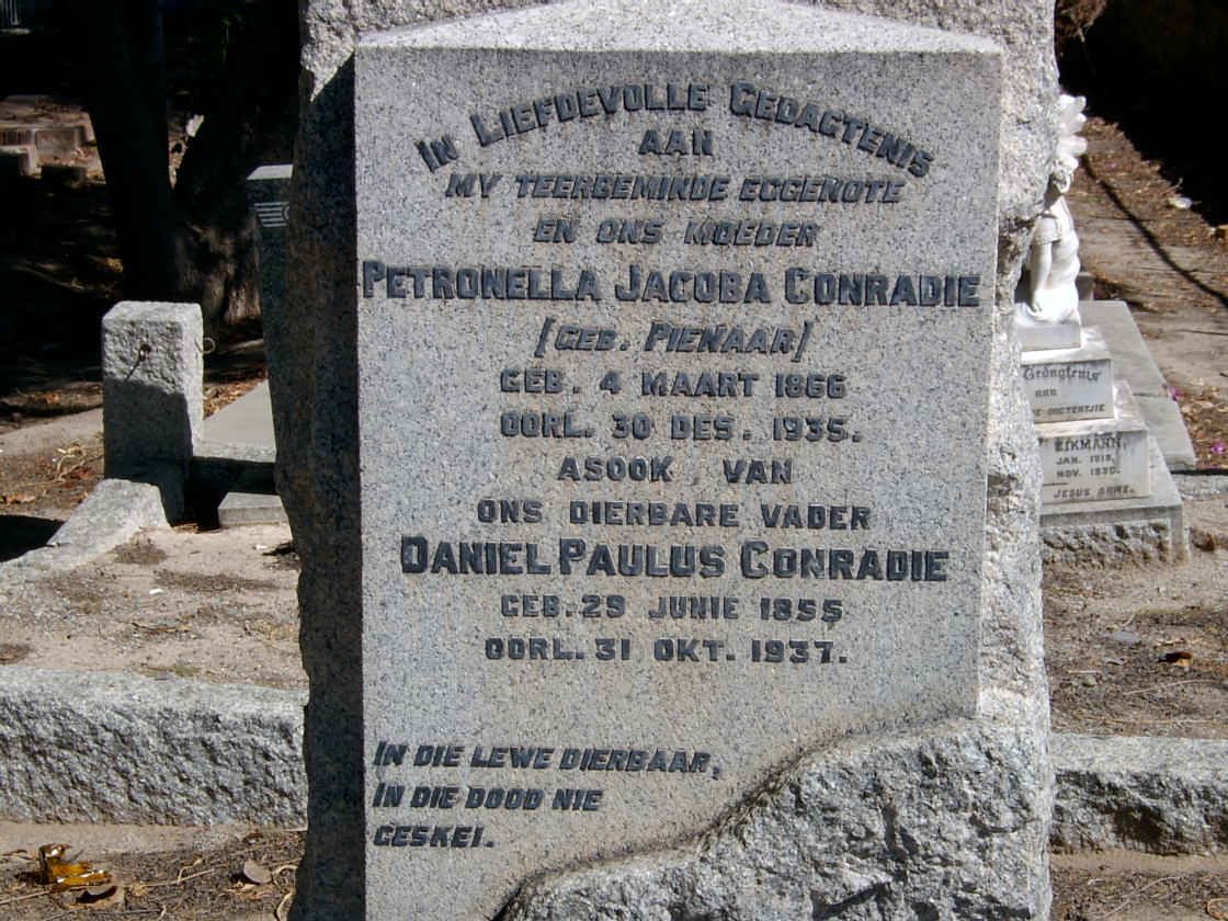 CONRADIE Daniel Paulus 1855-1937 &amp; Petronella Jacoba PIENAAR 1866-1935