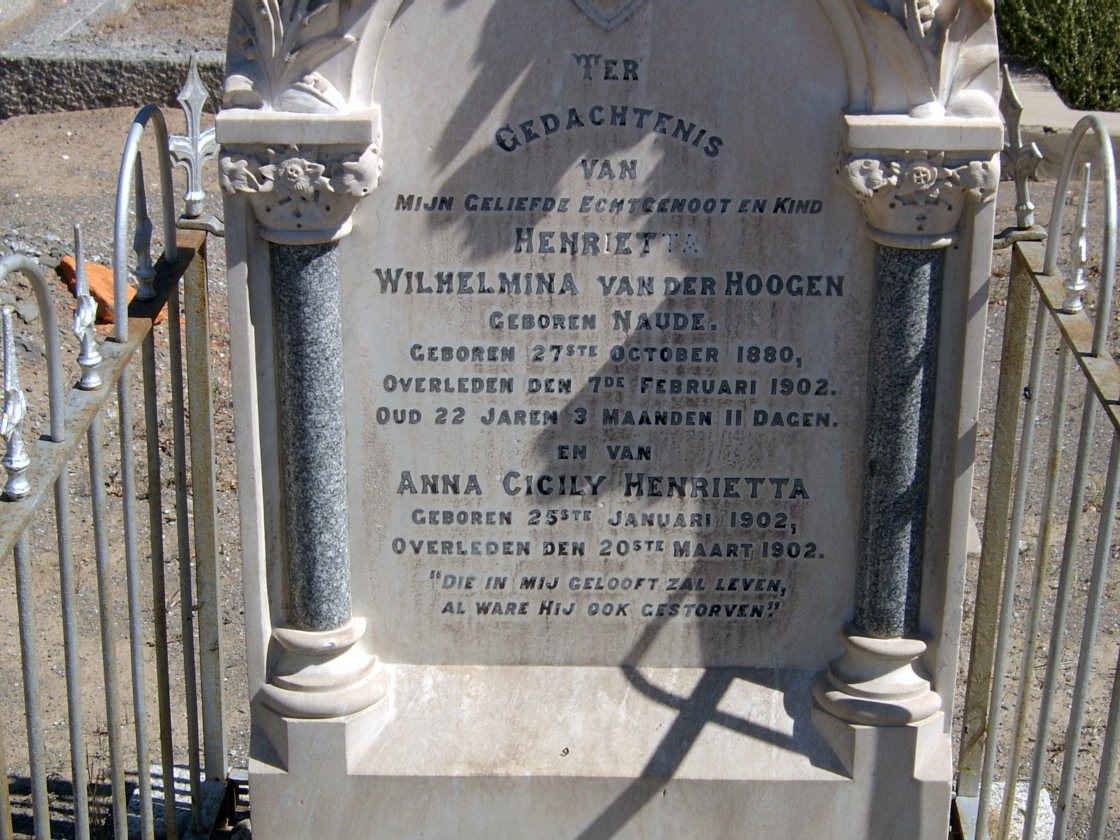 HOOGEN Henrietta Wilhelmina, van der nee NAUDE 1880-1902 :: VAN DER HOOGEN  Anna Cicily Henrietta 1902-1902