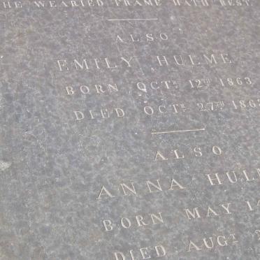 HULME Agnes Sophia 1859-1860 :: HULME Clara Sophia 1861-1861 :: HULME Emily 1863-1863 :: HULME Anna 1868-1868