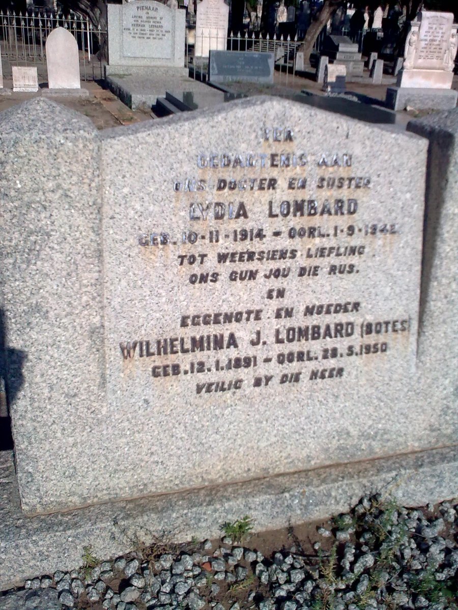 LOMBARD Wilhelmina J. nee BOTES 1891-1950 :: LOMBARD Lydia 1914-1942