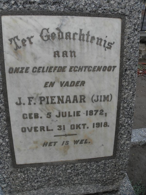 PIENAAR J.F. 1872-1918 &amp; Johanna M. PIENAAR 1965-1947