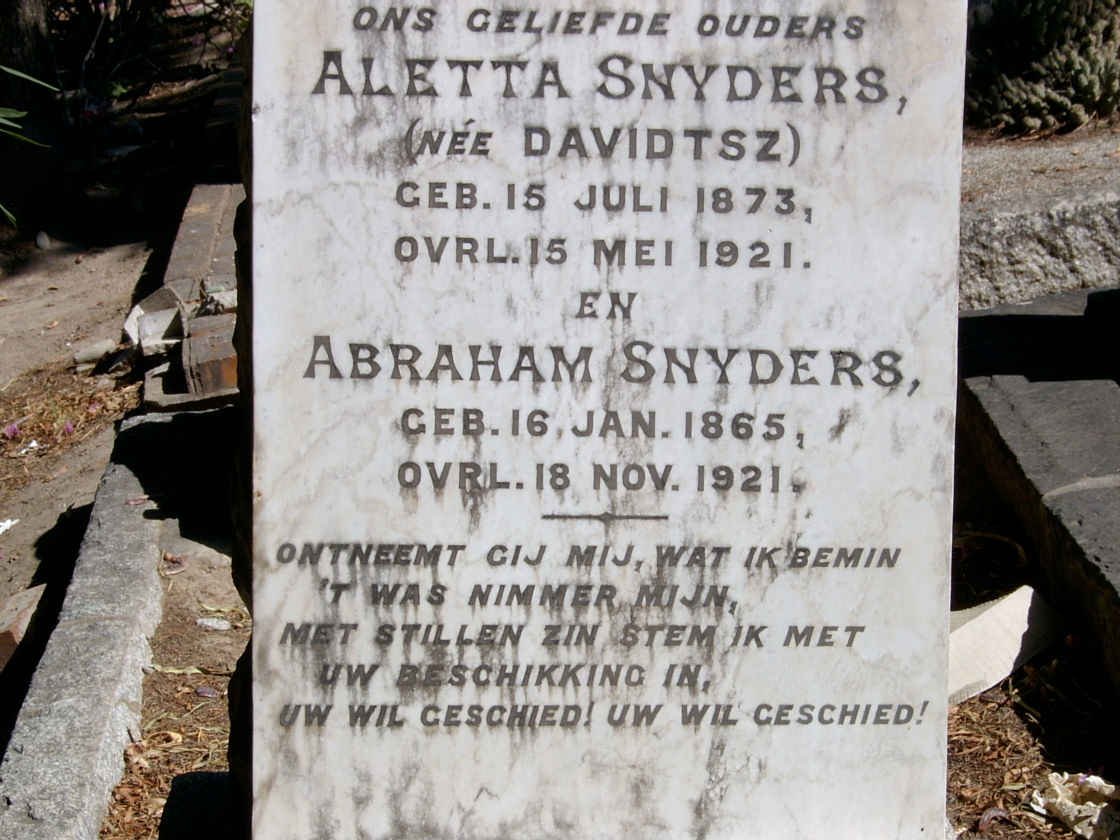 SNYDERS Abraham 1865-1921 &amp; Aletta DAVIDTSZ 1873-1921
