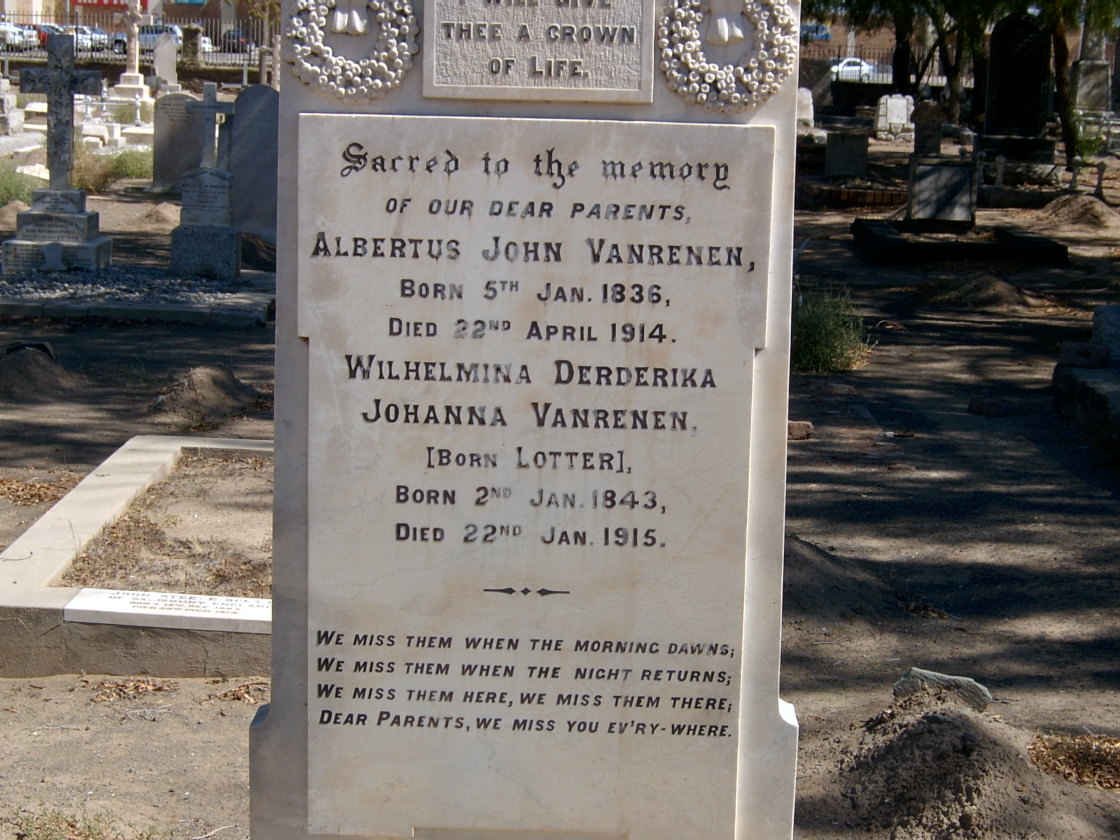 VANRENEN Albertus John 1836-1914 &amp; Wilhelmina Derderika Johanna LOTTER 1843-1915