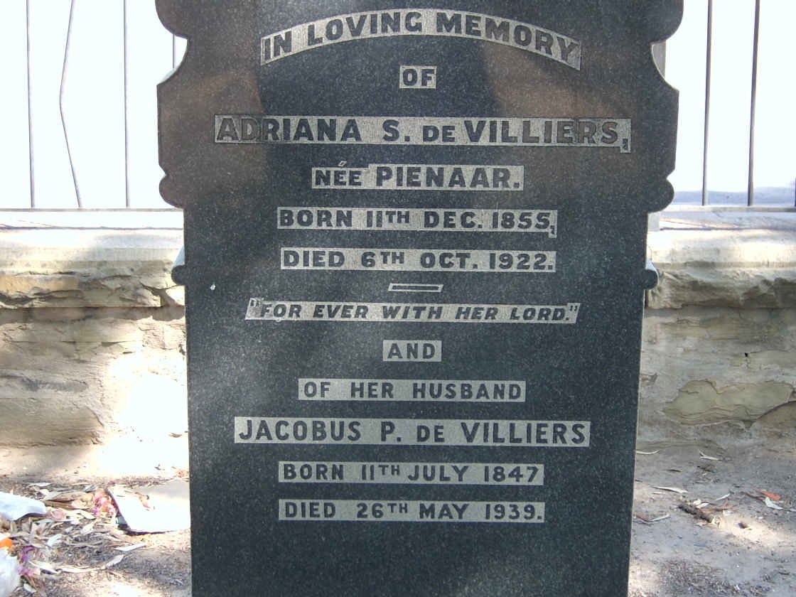 VILLIERS Jacobus P., de 1847-1939 &amp; Adriana S. PIENAAR 1855-1922