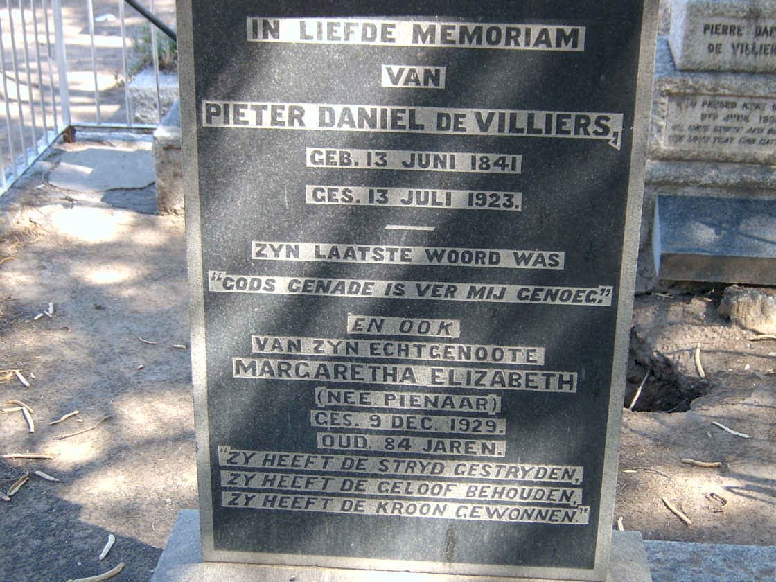 VILLIERS Pieter Daniel, de 1841-1923 &amp; Magaretha Elizabeth PIENAAR 1929