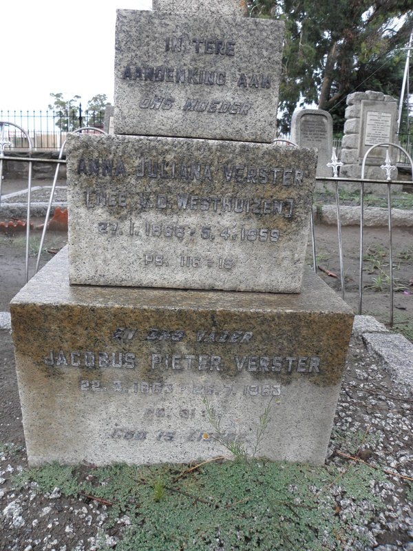 VERSTER Jacobus Pieter 1863-1963 &amp; Anna Juliana V.D. WESTHUIZEN 1868-1959