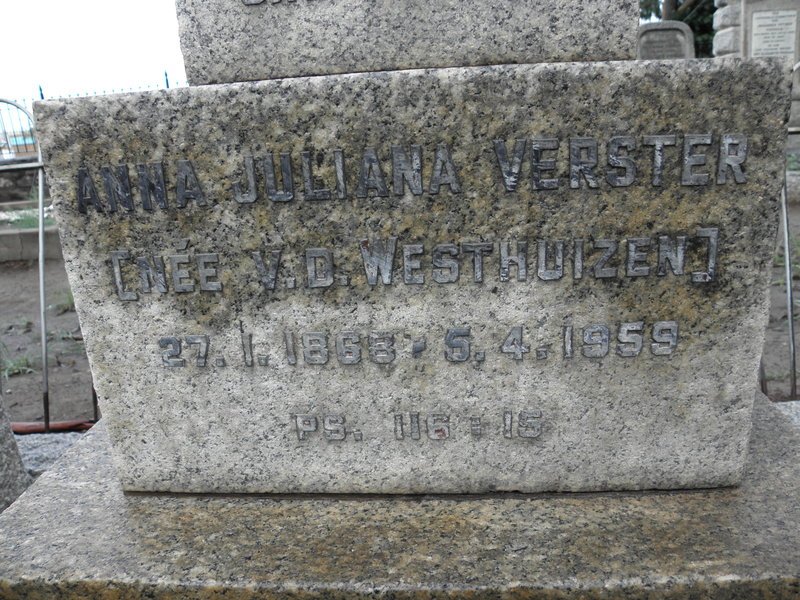 VERSTER  Anna Juliana nee V.D. WESTHUIZEN 1868-1959