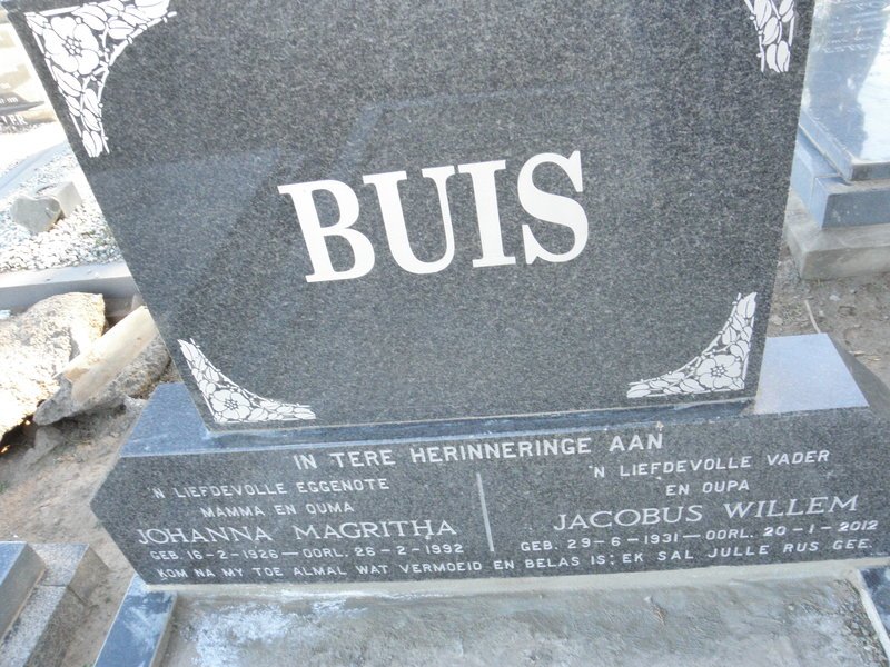 BUIS Jacobus Willem 1931-2012 &amp; Johanna Magritha 1926-1992