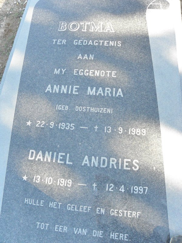 BOTMA Daniel Andries 1919-1997 &amp; Annie Maria OOSTHUIZEN 1935-1989
