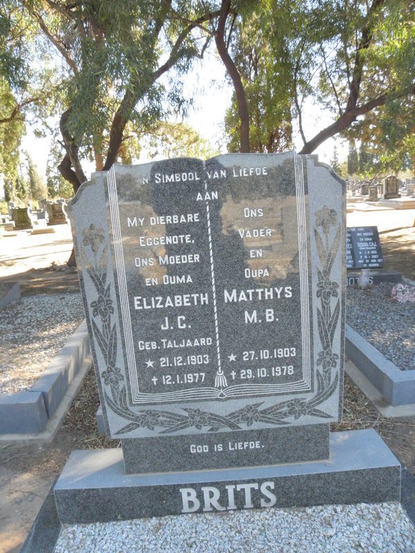 BRITS Matthys M.B. 1903-1978 &amp; Elizabeth J.C. TALJAARD 1903-1977