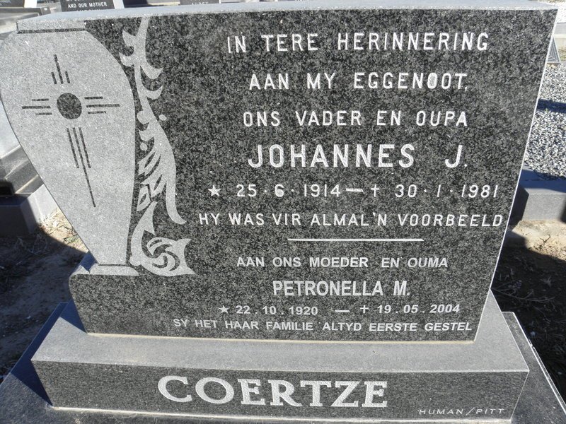COERTZE Johannes J. 1914-1981 &amp; Petronella M. 1920-2004