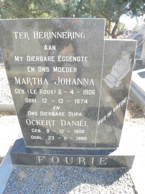 FOURIE Ockert Daniel 1906-1989 &amp; Martha Johanna LE ROUX 1906-1974