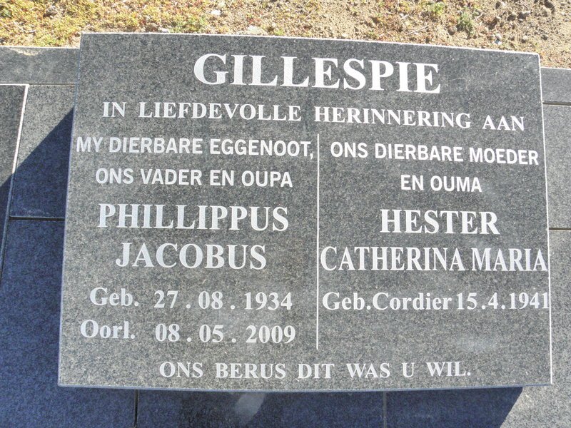 GILLESPIE Phillippus Jacobus 1934-2009 &amp; Hester Catherina Maria CORDIER 1941-