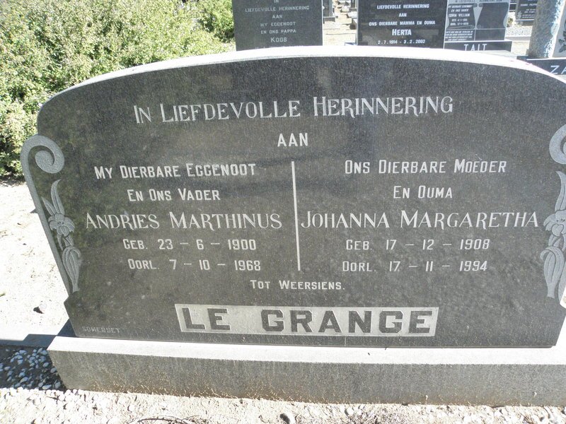 GRANGE Andries Marthinus, Le 1900-1968 &amp; Johanna Margaretha 1908-1994