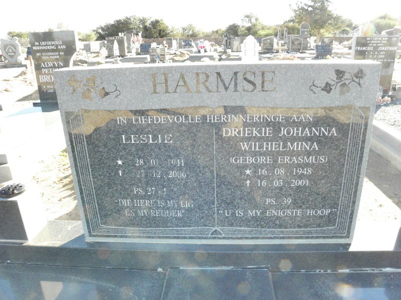 HARMSE Leslie 1944-2006 &amp; Driekie Johanna Wilhelmina ERASMUS 1948-2001