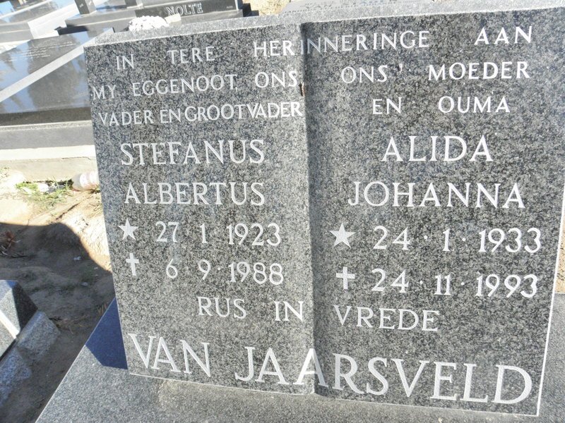 JAARSVELD Stefanus Albertus, van 1923-1988 &amp; Alida Johanna 1933-1993