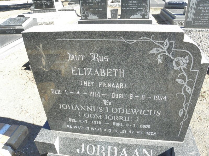 JORDAAN Johannes Lodewicus 1918-2006 &amp; Elizabeth PIENAAR 1914-1964