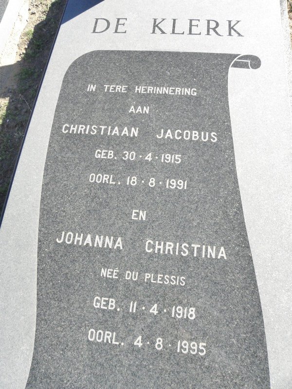 KLERK Christiaan Jacobus 1915-1991 &amp; Johanna Christina DU PLESSIS 1918-1995