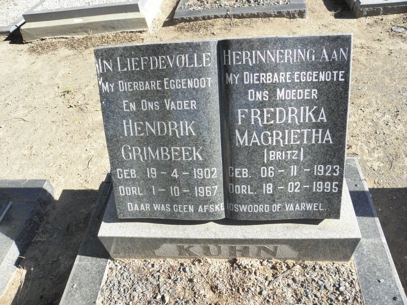 KUHN Hendrik Grimbeek 1902-1967 :: BRITZ Fredrika Magrietha voorheen KUHN 1923-1995