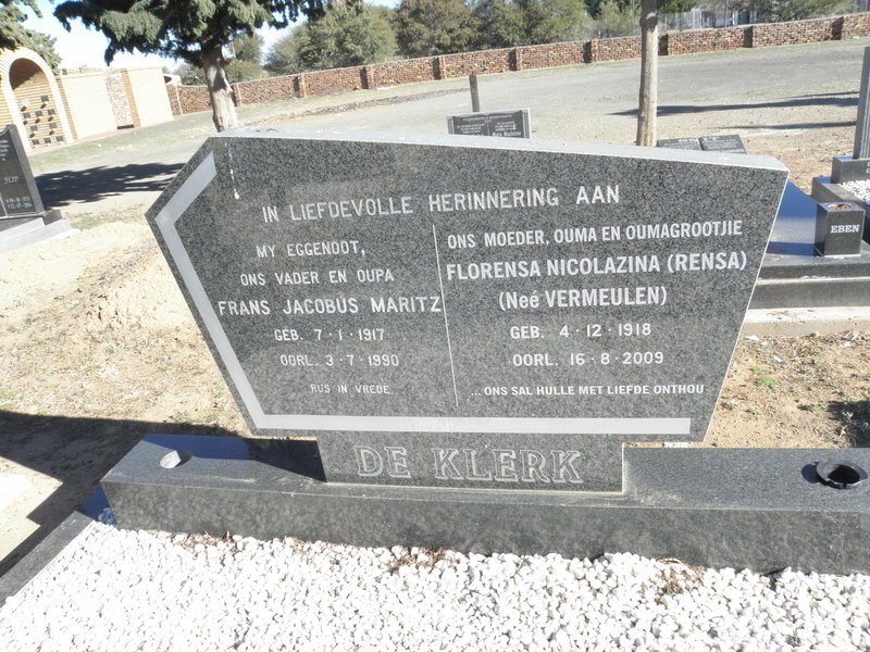 KLERK Frans Jacobus Maritz, De 1917-1990 &amp; Florensa Nicolazina VERMEULEN 1918-2009