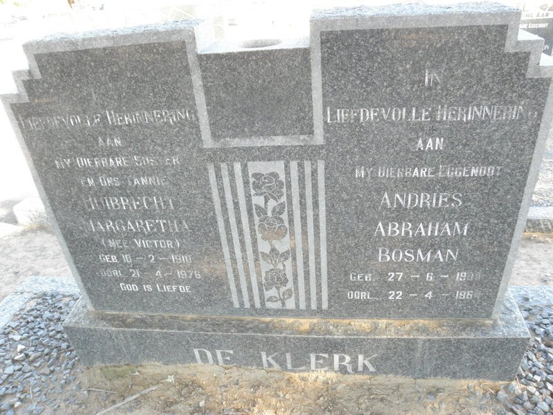KLERK Andries Abraham Bosman, De 1900-1964 &amp; Huibrecht Margaretha VICTOR 1910-1976