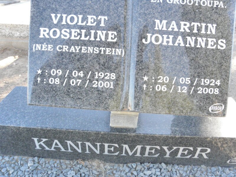 KANNEMEYER Martin Johannes 1924-2008 &amp; Violet Roseline CRAYENSTEIN 1928-2001
