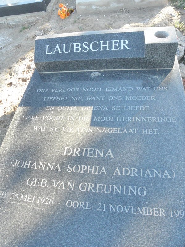LAUBSCHER Johanna Sophia Adriana nee VAN GREUNING 1926-1999