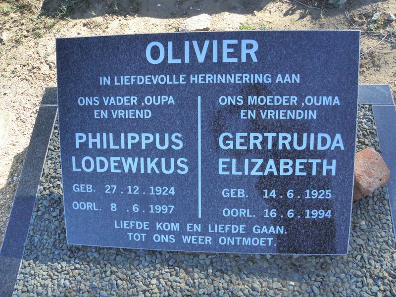 OLIVIER Philippus Lodewikus 1924-1997 &amp; Gertruida Elizabeth 1925-1994