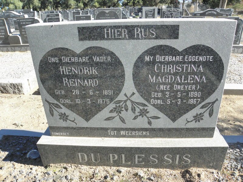 PLESSIS Hendrik Reinard, Du 1891-1975 &amp; Christina Magdalena DREYER 1890-1967
