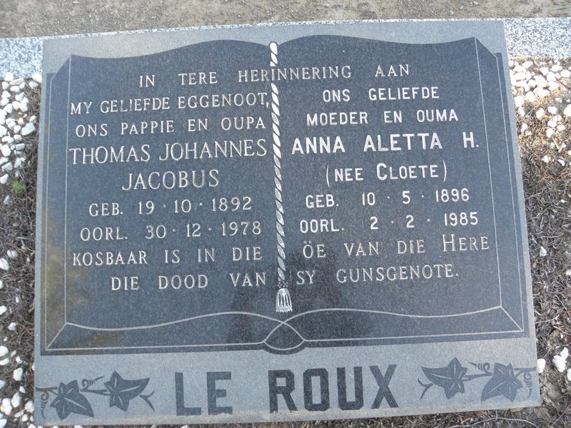 ROUX Thomas Johannes Jacobus, Le 1892-1978 &amp; Anna Aletta H. CLOETE 1896-1985