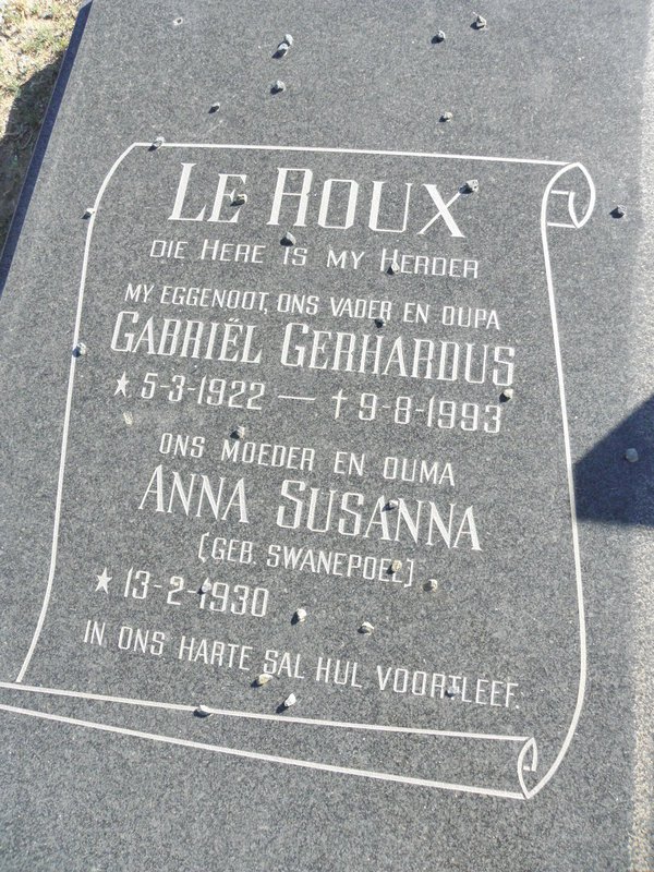 ROUX Gabriel Gerhardus, Le 1922-1993 &amp; Anna Susanna SWANEPOEL 1930-